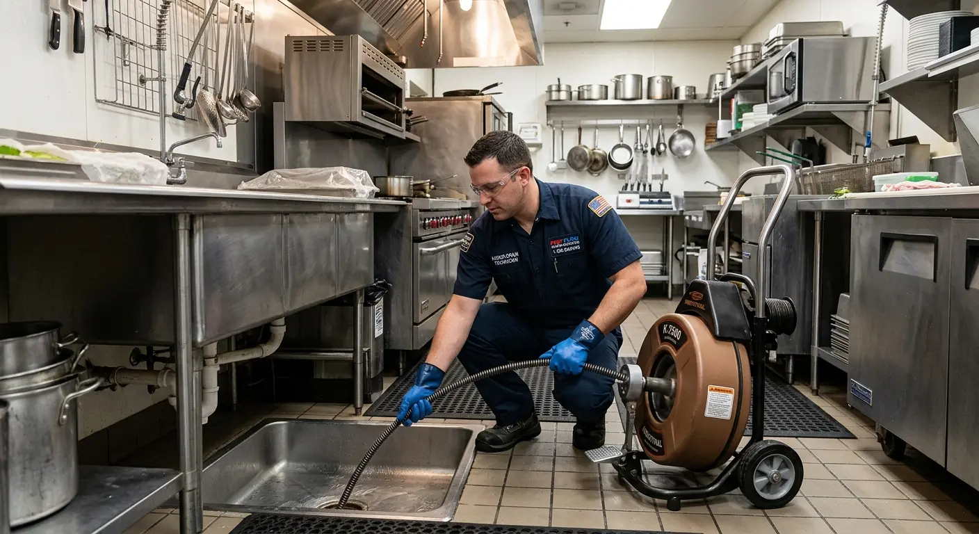 Commercial drain cleaning service in a restaurant kitchen in Berwick