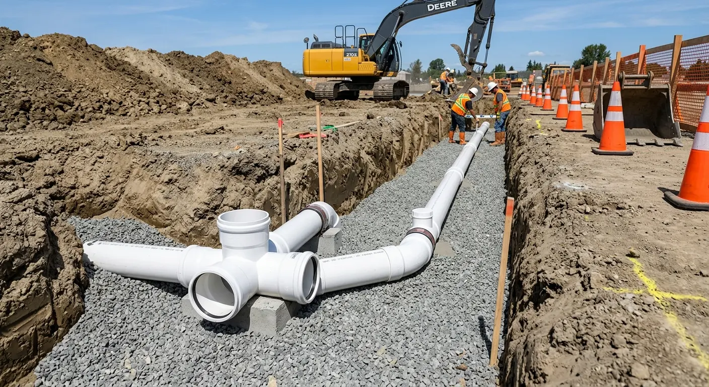 New PVC sewer pipe installation in open trench for Grease Trap Cleaning in Berwick