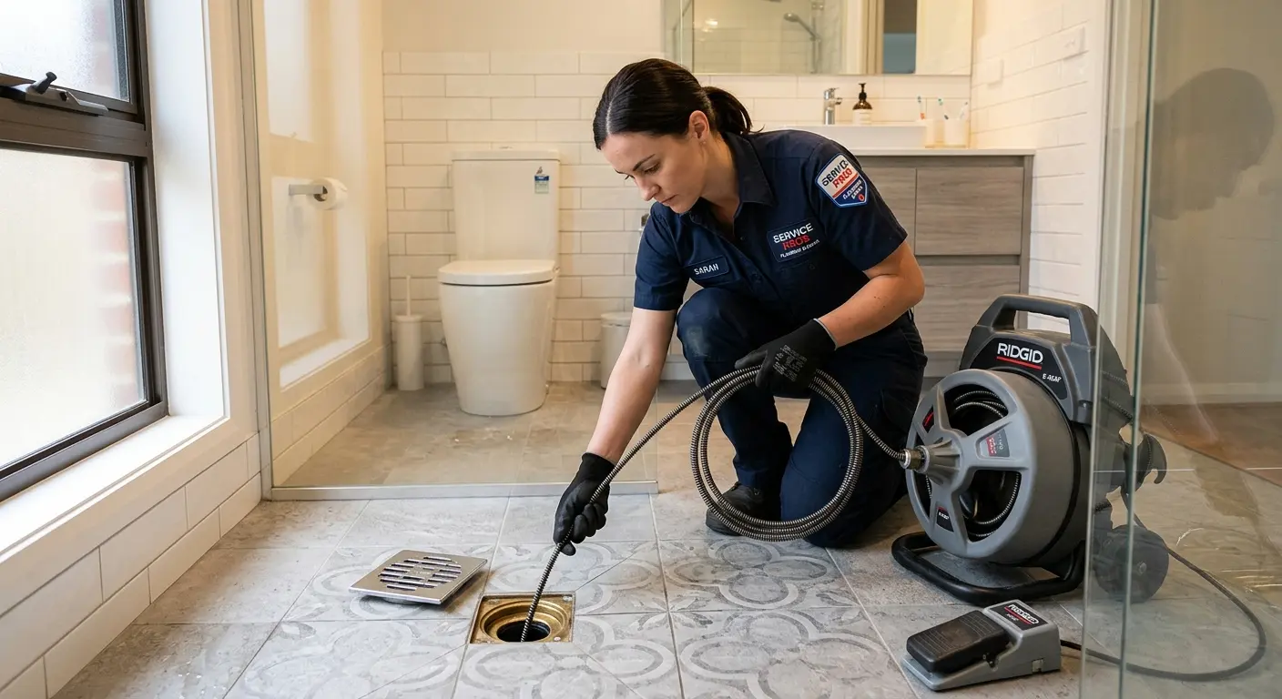 Technician clearing a bathroom floor drain for Hydro Jetting in Berwick